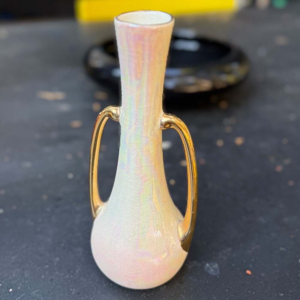 Vintage Pearl China Company Iridescent Lusterware Bud Vase with 22k Gold Handles